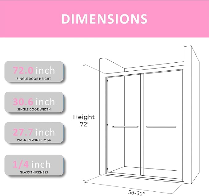 Chrome Shower Glass Door 56-60'' x 72'',Splash-Proof Adjustable Stainless Steel Rails Semi-Frameless Door Design,SGCC/ANSI Certified Clear Tempered Glass for Bathroom