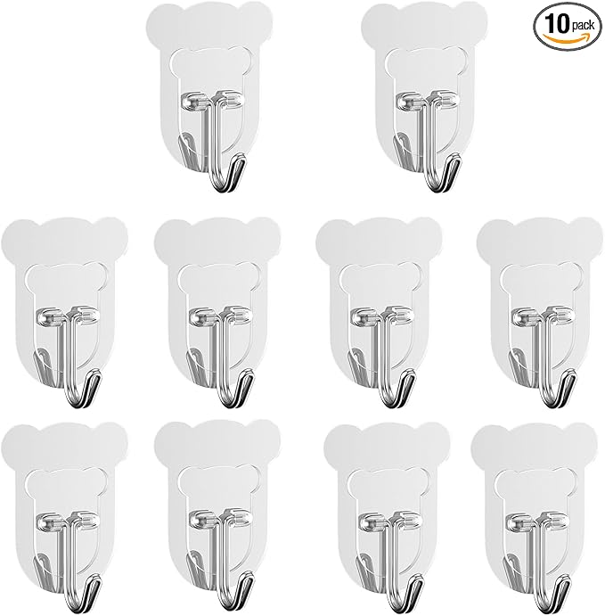 10 Pcs Heavy Duty Adhesive Hooks 10lb Max - Transparent Waterproof Sticky Wall Hooks for Bathroom, Shower, Kitchen, Office - No Damage Self Adhesive Hanging for Towels, Coats, Keys & Home Decor