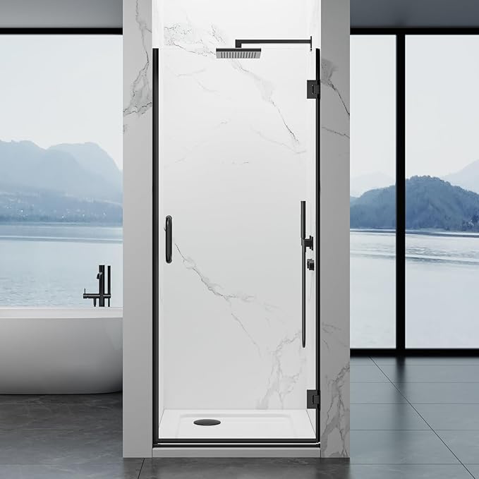 Hinged Shower Door, 32" W x 76" H Single Swing Pivot Framelss Shower Door, 3/8" (10mm) Tempered Glass with Nano Coating, Stainless Handle, Glass Door for Walk-in Shower - Matte Black
