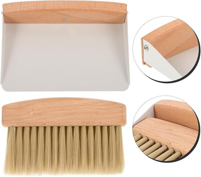 Housoutil Kids Window Cleaner Stainless Steel Cleaner Mini Dustpan and Brush Set Wood Small Metal Pan Natural Table Handy Brush for Sweeping Home Kitchen Car Office Storage Bin
