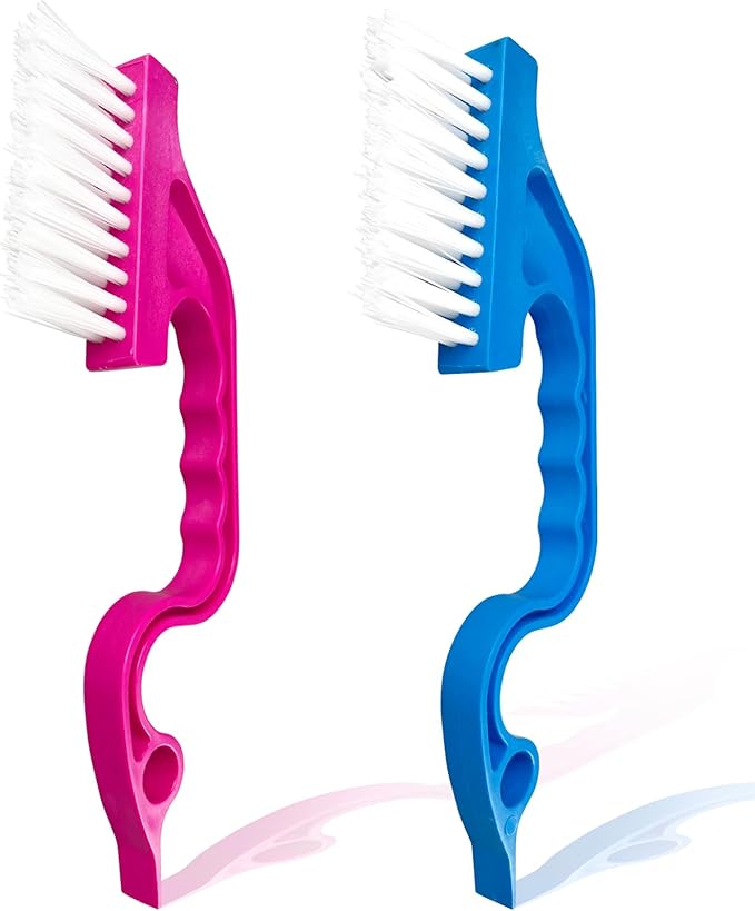 Window Track Cleaning Brush Set - 2 Pack Window and Door Track Cleaning Tools with Ergonomic Handle for Precision Cleaning, Blue and Pink
