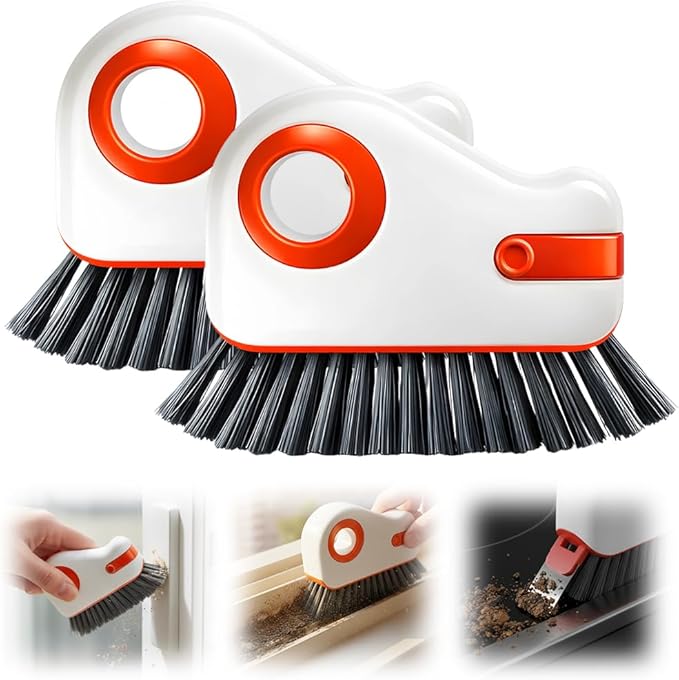 Window Groove Cleaning Brush,2026 Upgrade 2 in 1 Multifunction Hard Bristle Cleaning Brush with Hidden Scraper for Sliding Door Track, Window Sill, Window Seal (Orange 2PCS)