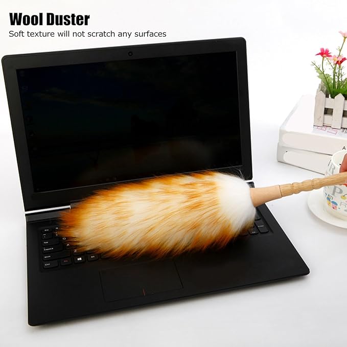 Lambswool Duster with Solid Wooden Handle, Antistatic Soft Wool Duster Dust Cleaner, 19.7in Household Furniture Cleaning Tool