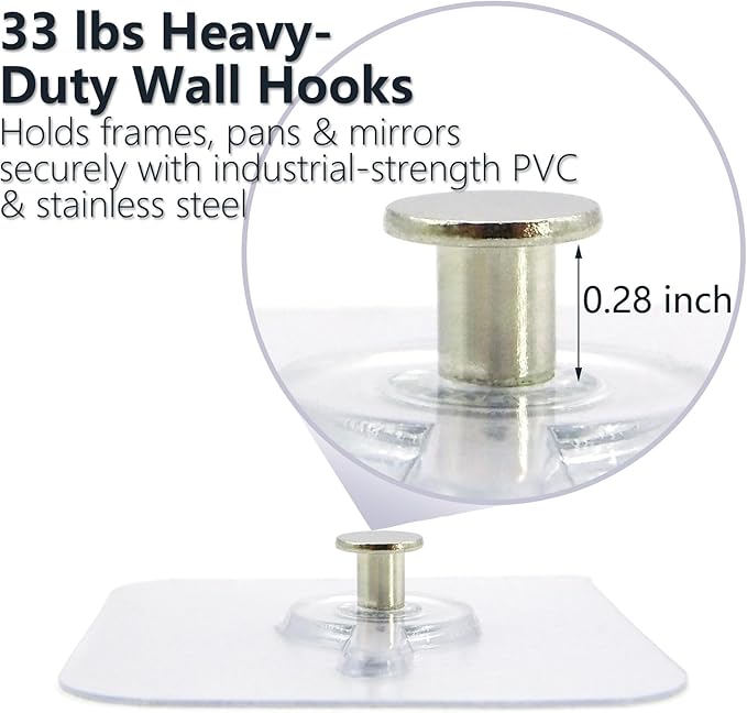 20 Pcs Heavy Duty Adhesive Picture Hooks – 33 lbs Load No-Nail Wall Hangers, Waterproof Transparent Sticky Hooks for Frame, Mirror, Bathroom, Kitchen, Home Decor (2.2 x 2.2 inch)