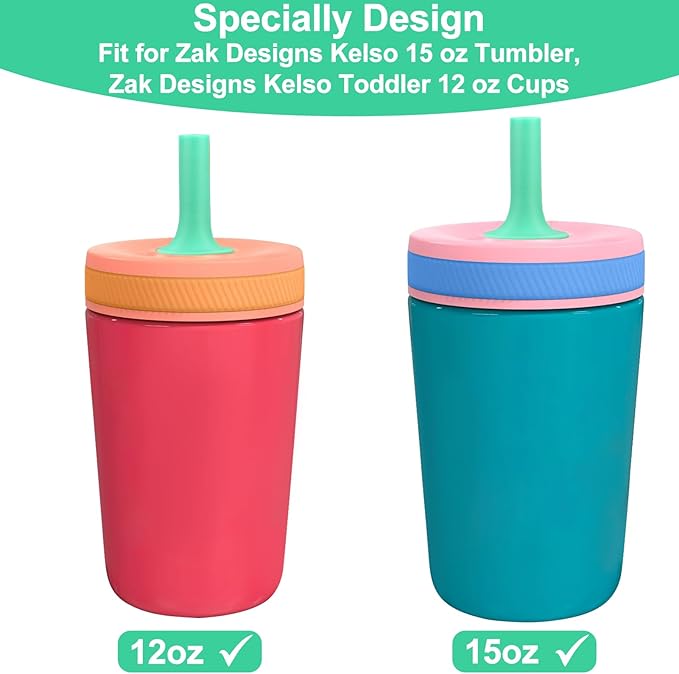 XANGNIER Replacement Straws and Bite Valve Compatible with Zak Designs Kelso 15 oz Tumbler Water Bottle,4 Pcs Silicone Straws with Cleaning Brush for Zak Designs Kelso 12 oz Cups,Dark Green
