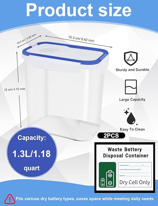 2 Pack Battery Disposal Container,Used Battery Containers with Label and Date Recording Pen,Small Battery Processing Organizer Container