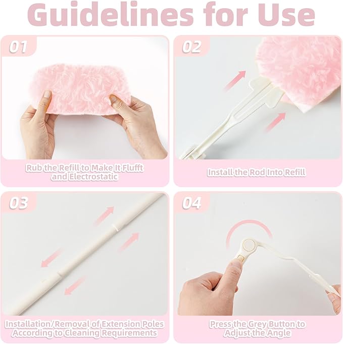 Heavy Duty Dusters Refills, Disposable Dusters Kit Compatible with Swiffer Handles, Multisurface Dusters+1 Extended Handle +1 Handle (Pink, 360°)