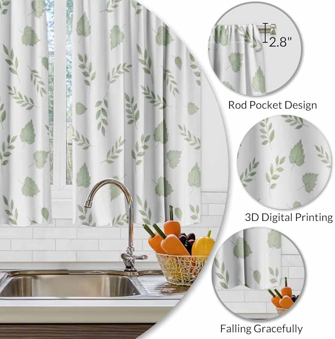 Green Botanical Kitchen Curtains Watercolor Green Leaves and Branches Nature Short Tier Curtains for Bathroom Cafe Small Window Drapes Treatment 2 Panels (27.5x39 Inch)