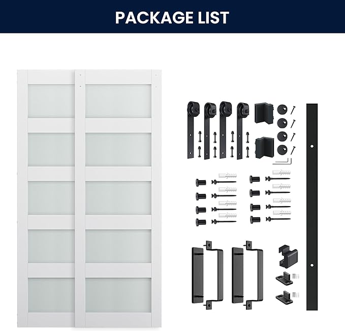 SmartStandard 60 x 84 in (Double 30×84 Door) Glass Barn Door with 10FT Sliding Hardware Kit & Handle, Pre-Drilled Ready to Assemble, Waterproof PVC Coating, 5-Panel Glass, White