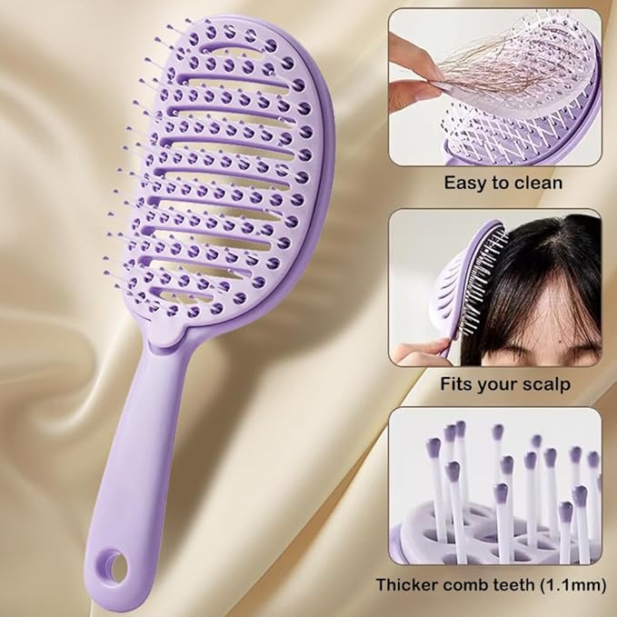 Self Cleaning Hair Brush, Easy Clean Detangling Brush, Curved Vented Detangler Brush for Faster Blow Drying for Women Men Kids, Wet & Dry Hair (Purple)