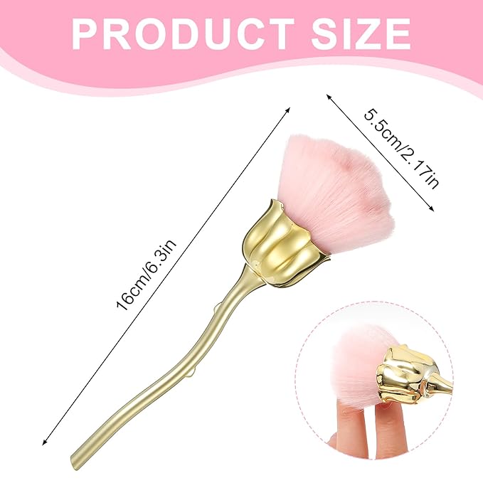 2Pcs Nail Dust Brush, Ultra Soft Nylon Powder Remover for Nails with Rose Shape Long Handle, Nail Art Cleaner Tools for Nails Trimming Cleaning Makeup (Black, Gold)
