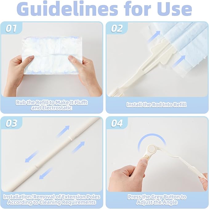 Heavy Duty Dusters Refills, Disposable Dusters Kit Compatible with Swiffer Handles, Multisurface Dusters+1 Extended Handle +1 Handle (Blue, 180°)