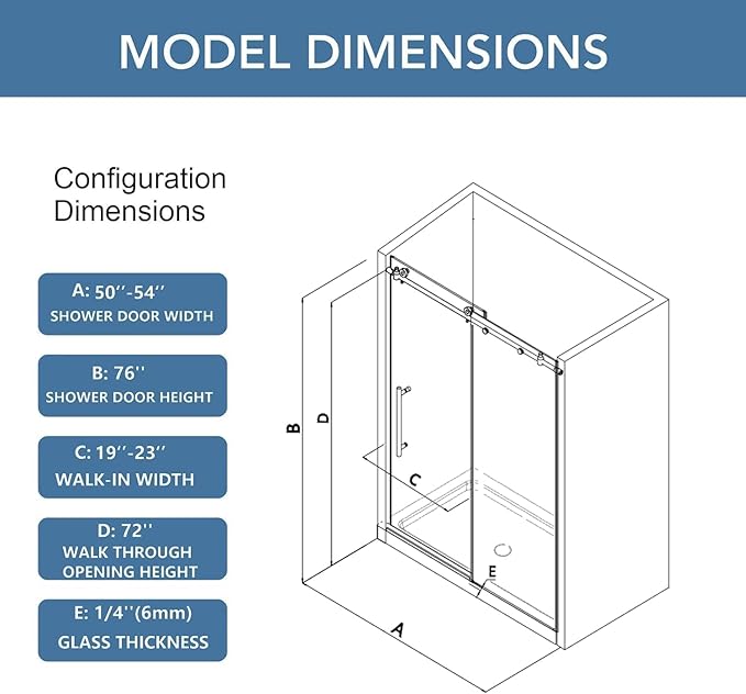 KPUY Frameless Shower Door, 49-54" W x 76" H Sliding Glass Shower Door, 1/4" (6mm) Thick Tempered Clear Glass with Explosion-Proof Film Nano Coating, Stainless Steel Hardware, Chrome