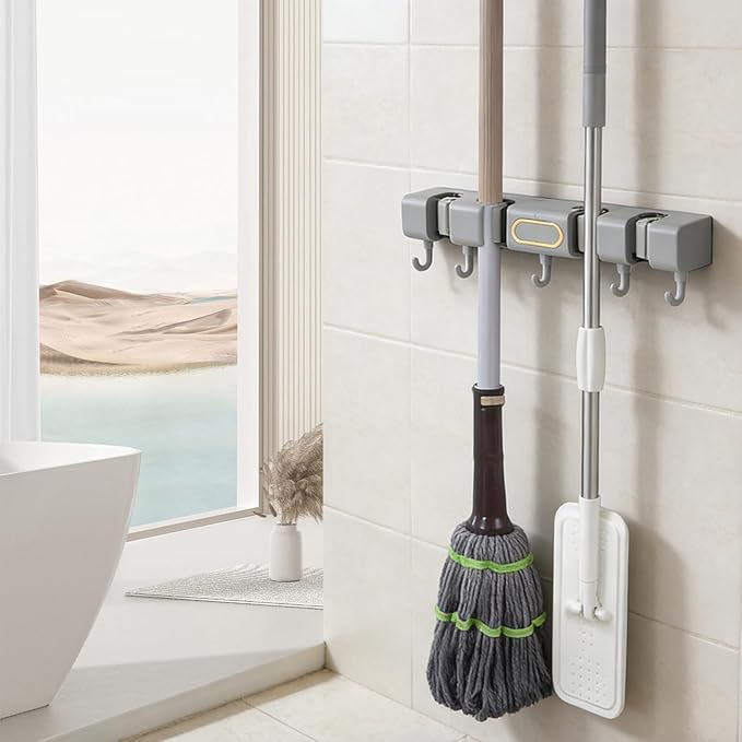 Broom Holder Wall Mount Hanger Mop,Broom and Mop Organizer Wall Hanging with 4 Slots 5 Hooks,Grey