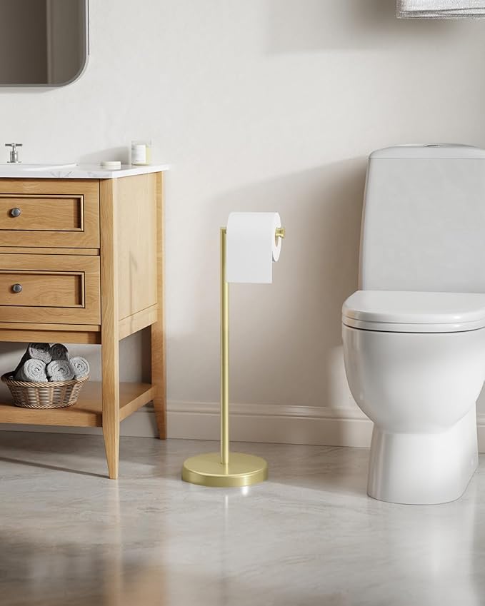 BWE Brushed Gold Toilet Paper Holder Stand, SUS304 Stainless Steel Modern Free Standing Toilet Paper Holder for Bathroom and Washroom with Heavy Weighted Base