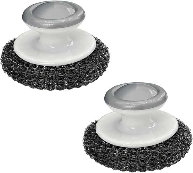2Pcs Stainless Steel Scrubber Dish Scrub Brush with Handle ，Multipurpose Kitchen Cast Iron Scrubber for Pots, Grills, Ovens & Other Tough Cleaning Jobs (Metal Steel Style)