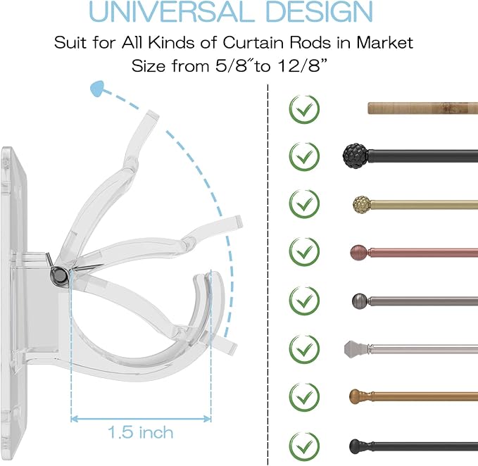 8PCS No Drill Curtain Rod Brackets, Self-Adhesive, Universal, Plastic & Stainless Steel, Wall Mount, Transparent