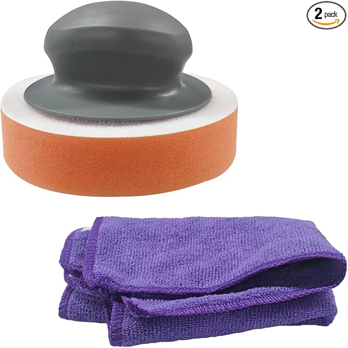 YoRise 2PCS Car Wax Applicator Pad, Microfiber Buffing & Polishing Pad, Car Detailing Sponge Pads with Grip Handle, Soft Foam Buffing Pads, Universal Vehicle Cleaning Kit (Towel)