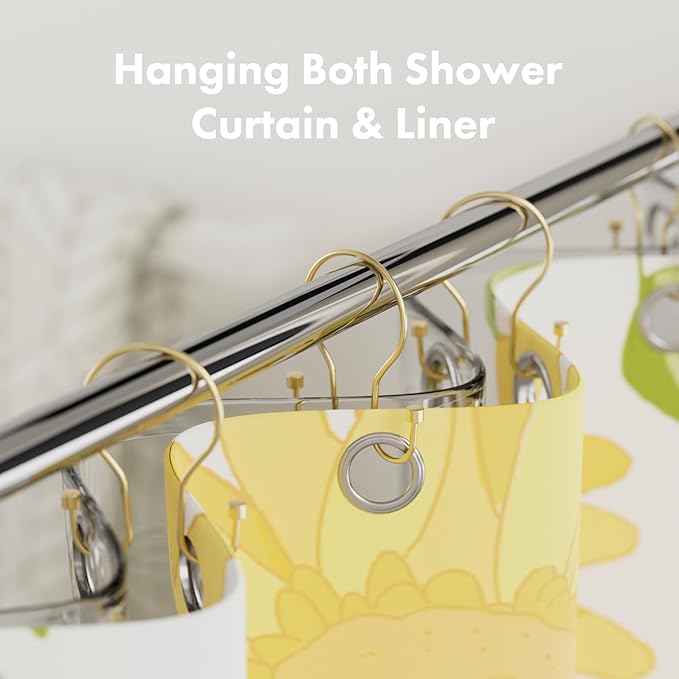 AmazerBath Shower Curtain Hooks, Shower Curtain Rings with Cylindrical Design, Light Gold Shower Curtain Hooks Rust Proof, Metal Double Hook Shower Hooks for Shower Curtain