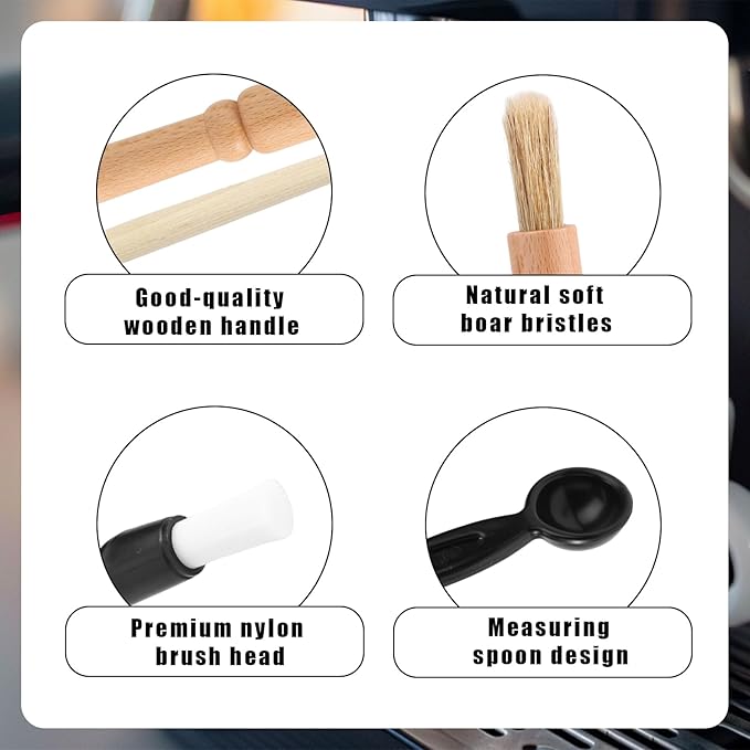 6pcs Coffee Cleaning Brush Set, Natural Bristle Coffee Grinder Brush Long Handle Barista Espresso Machine Cleaning Tools for Maker Cups Portafilters