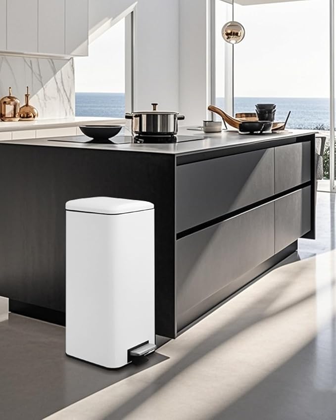 8 Gallon Trash Can with Lid, White Kitchen Trash Can with Soft Close, Inner Bucket & Steel Pedal, Stainless Steel Garbage Can for Kitchen, Laundry Room, Office, Bathroom, Dorm, 30 Liters