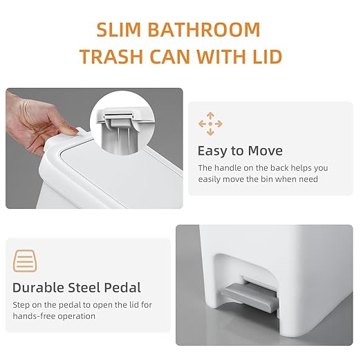 MOPALL 21.5L/5.7Gal Slim Bathroom Trash Can with Lid Soft Close, Bathroom Garbage Can with Press Top Lid & Foot Pedal, Step Trash Bin Wastebasket Waste Bin for Home, Kitchen, Garage, Apartment, Office