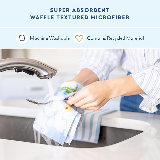 ELYN Microfiber Kitchen Dish Cloth Set, Quick-Dry & Absorbent Waffle Weave Cleaning Towels, Set of 6 Wash Cloths, Paper Towels & Sponge Alternative (Magnolias & Stripe)