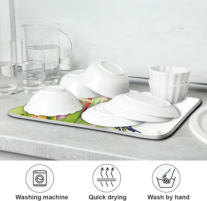 Tarity Colorful Tulip Butterfly Dish Drying Mat for Kitchen Counter Absorbent Heat Resistant Microfiber Dishes Drainer Mat 16x18 in Dish Pad Sink Mat Protective Pad Kitchen Decor