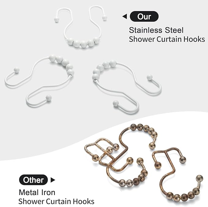Goowin Shower Curtain Hooks, 12 Pcs Shower Curtain Rings, Stainless Steel Shower Curtain Hangers, Double Hook Shower Curtain Hooks, Smooth Sliding Anti-Drop Shower Rings for Curtain (White)