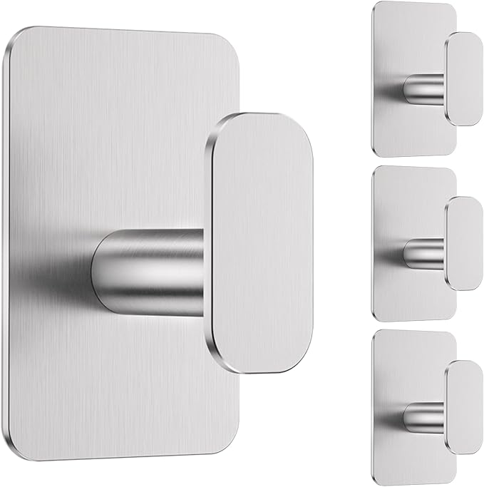 Heavy Duty Self Adhesive Hooks - 26lb Max, Sticky Wall Hooks Stainless Steel for Hanging Towel, Coat, Robe, Waterproof & Rustproof Hooks Stick on Bathroom, Shower, Kitchen(Silver, 4 Pack)