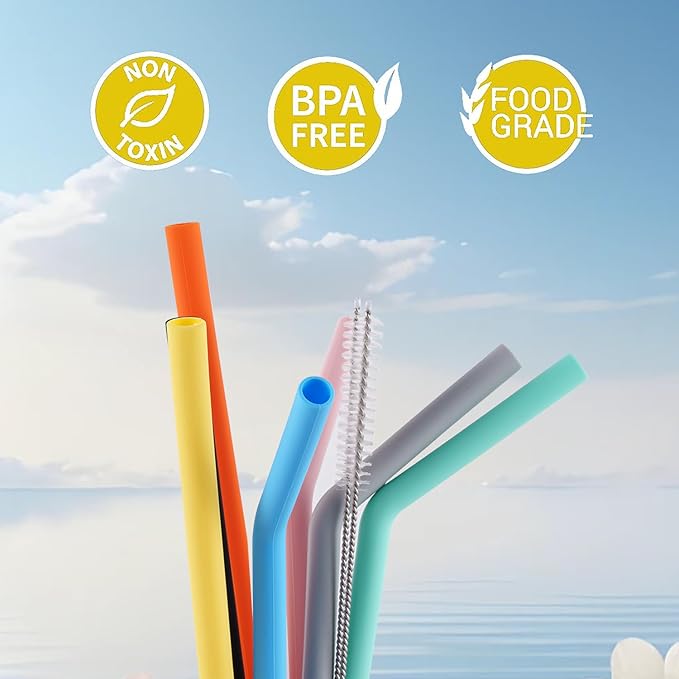 8 Pack Multicolor Silicone Stanley Straw Replacement 40 oz 30 oz,Reusable Long Straws with Cleaning Brush for Simple Modern Stanley Cup Accessories