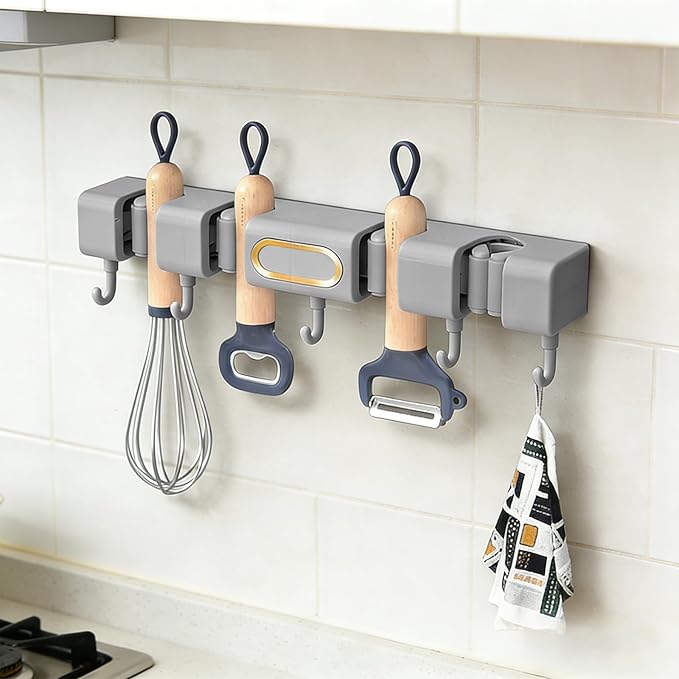 Broom Holder Wall Mount Hanger Mop,Broom and Mop Organizer Wall Hanging with 4 Slots 5 Hooks,Grey