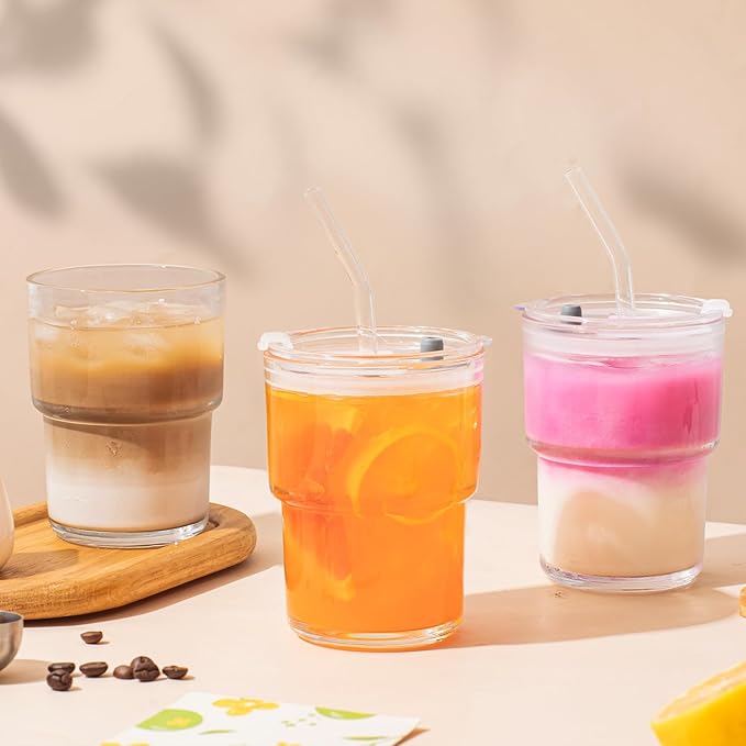 13oz Glass Tumbler with Lid and Glass Straw Set of 4 – Thick-Walled Iced Coffee Cup, Reusable Clear Glass Cup for Water, Iced Tea, Coffee, Juice, Perfect for On-the-Go & Daily Use