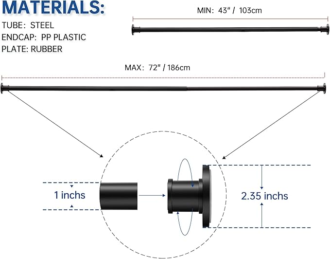 BRIOFOX Industrial Shower Curtain Rod - Rustproof Non-Slip 43-72 Inch Stainless Steel Tension Curtain Rod for Window or Bathroom, Matte Black