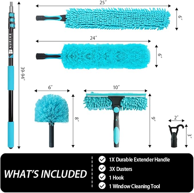High Ceiling Duster Kits with 3-8ft Heavy Duty Extension Pole - Fan Blade Cleaner, Cobweb Remover & Blue Window Squeegee Kit, Washable Dust Brush and Glass Surfaces, Skylight Shades Operating Hook