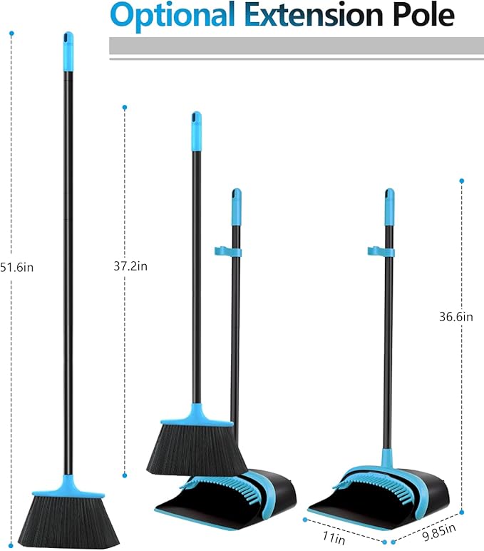 52" Long Handle Broom and Dustpan Set for Home, Kitchen, Office, Lobby Floor - Heavy Duty Standing Combo With Dust Pan