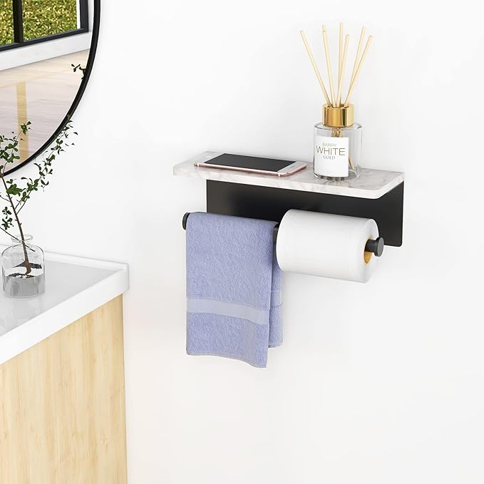 Toilet Paper Holder with Shelf, New Upgrade Double Toilet Paper Holder with Storage, Marble Roll Toilet Paper Wall Mount for Bathroom Washroom(Black)