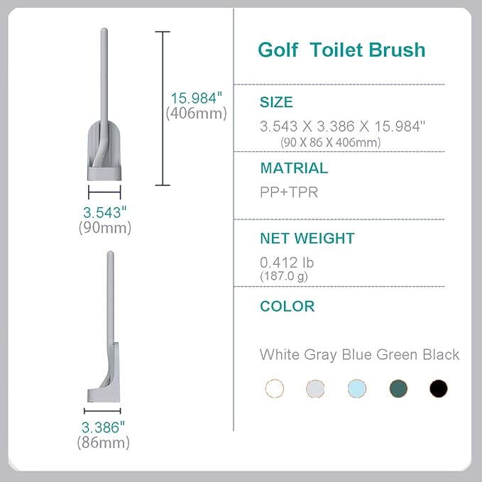 Toilet Brush, Long Handle Golf Toilet Brush with Holder 360° Deep Cleaning Flexible Silicone Toilet Cleaner Brush Wall Mounted for Bathroom (2Pcs Grey)