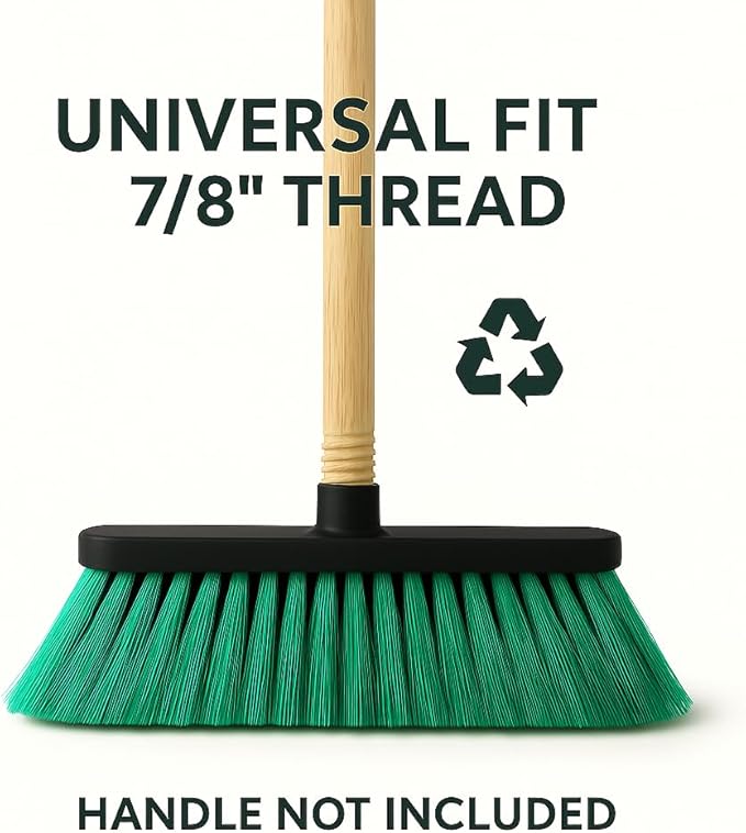 Aria Green Broom Head – 13” Sweeping Width – Soft/Firm Magnetic Flagged Bristles – Universal Thread – Recycled PP – Daily Indoor Sweeper (Green, ARIA)