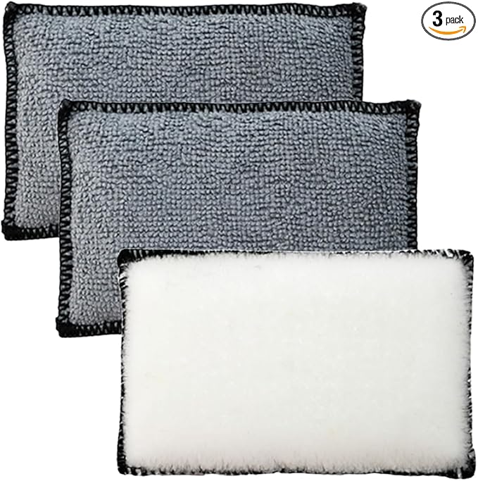 3PCS Car Interior Scrubbing Sponges, 5.5"×3.9" Microfiber Auto Cleaning Applicator Pad, Detailing Scrub Sponge for Vehicle Leather Seat, Vinyl, Plastic, Upholstery (Grey/White)