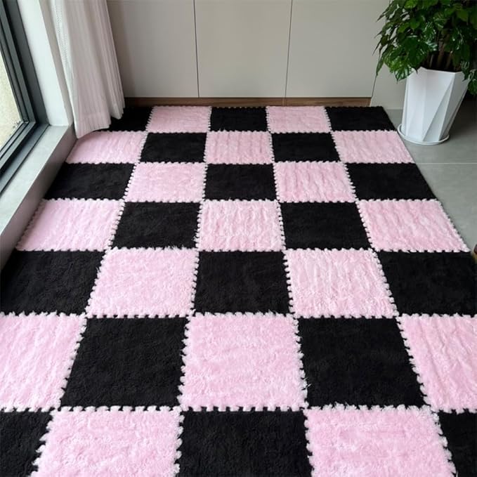 12Pcs Interlocking Carpet Tiles,12"x 12" Plush Interlocking Foam Carpet Tiles with Border,Fluffy Play Mat Floor Tiles Thick Padded Squares Foam Tiles for Playroom Decor (Pink+Black)
