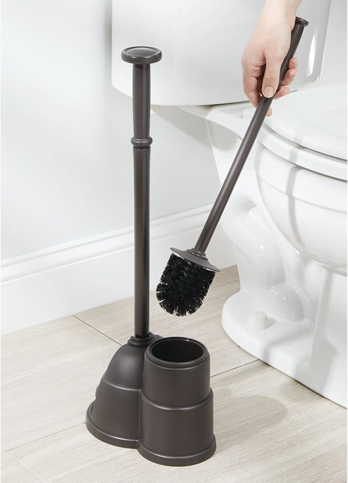 mDesign Plunger and Brush Set for Toilet Bowl - Hidden, Modern Toilet Brush and Plunger Set with Caddy - Brush Cleaner and Plunger Combo with Holder for Bathroom - Hyde Collection - Bronze