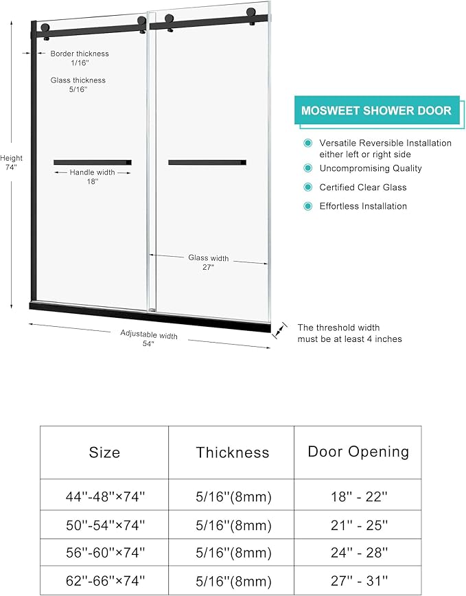Milano Framed Shower Door, 50-54 in.W x 74 in.H Double Sliding Shower Door 5/16"(8mm) Clear Tempered Glass, 18 inch Pull Handle, Stainless Steel Hardware, Matte Black Finished