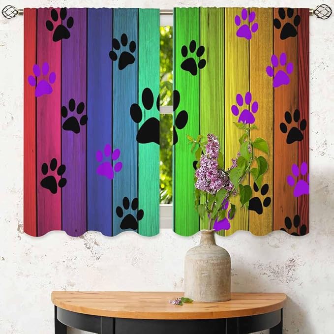 Dog Paws Kitchen Curtains Cute Puppy Paws Colorful Wood Board Short Tier Curtains for Bathroom Cafe Small Window Drapes Treatment 2 Panels (27.5x39 Inch)