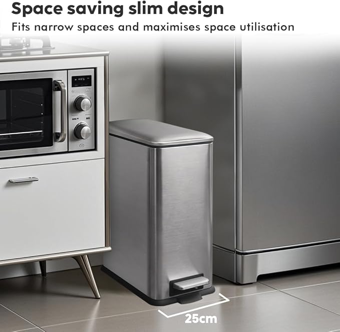 8 Gallon Trash Can with Lid, Stainless Steel Bathroom Garbage Can with Removal Inner Bucket, Soft Close Lid, Step on Trash Bin for Kitchen, Office, Laundry, 30 Liter Capacity, Kohler Grey