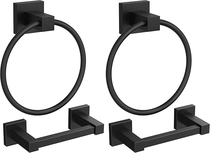 FORIOUS Toilet Paper Holder Wall Mount and Hand Towel Ring Set, SUS 304 Stainless Steel Double Post Pivoting Tissue Roll Holder, Modern Bathroom Hardware Accessories Set, Matte Black (Pack of 2)