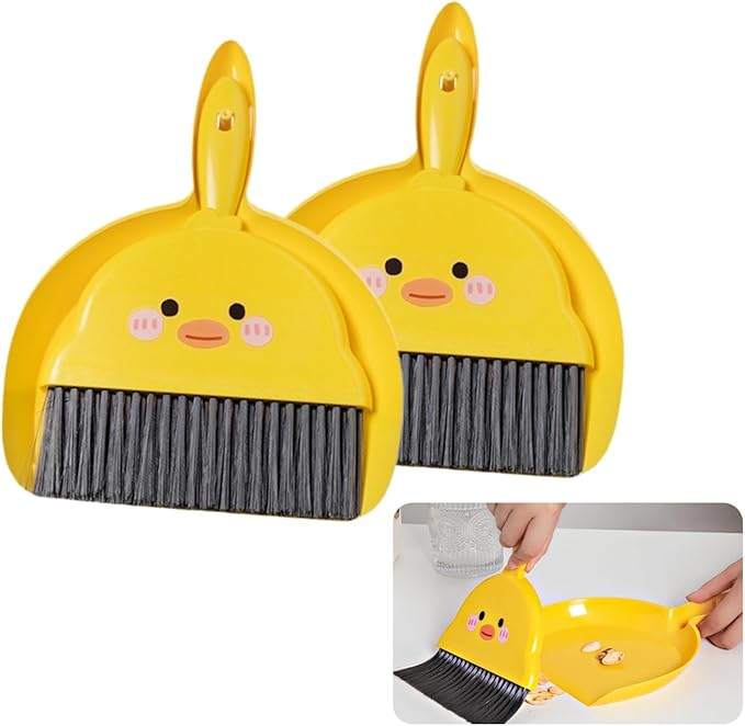 2 PCS Mini Brush and Dustpan Set Plastic Small Yellow Chick Pattern Broom Used for Desk Home Kitchen, Cage Cleaner for Small Animals, Guinea Pigs Hamsters Chinchillas Rabbits (Yellow Chick - 2pcs)