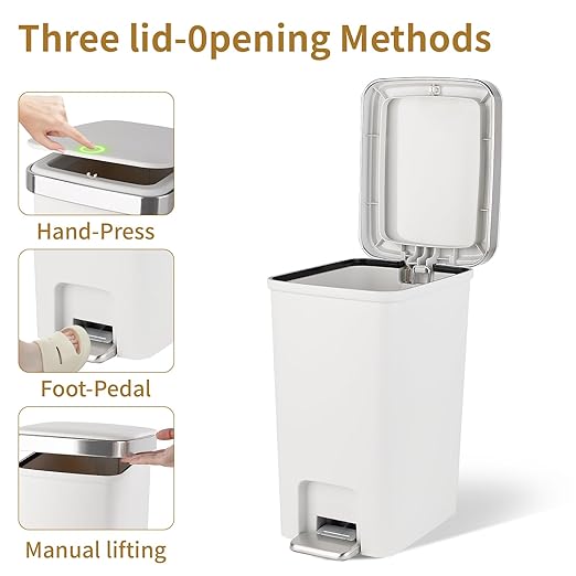 Small Bathroom Trash Can with Lid and 3 Rolls Trash Bags, Step Pedal Wastebasket Plastic Garbage Can with Pop-Up Lid 2.6 Gallon Bin for Kitchen, Bedroom, Office, Dorm, Laundry, Toilet, Rv, White