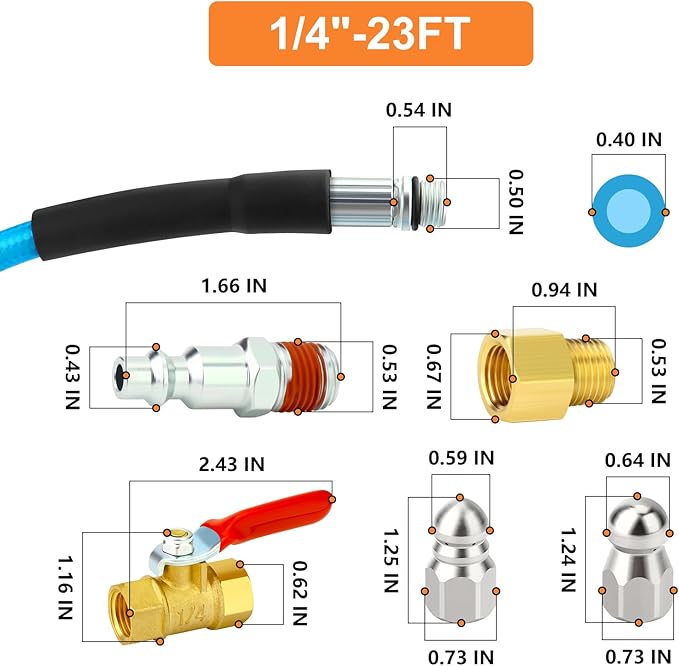 GASHER 23feet Home Dryer Vent Duct Cleaning Kit, 2 Jetter Nozzle, 1/4" NPT Ball Valve, 1/4" NPT Air Plug, 1/4"NPT Reducer Adapter
