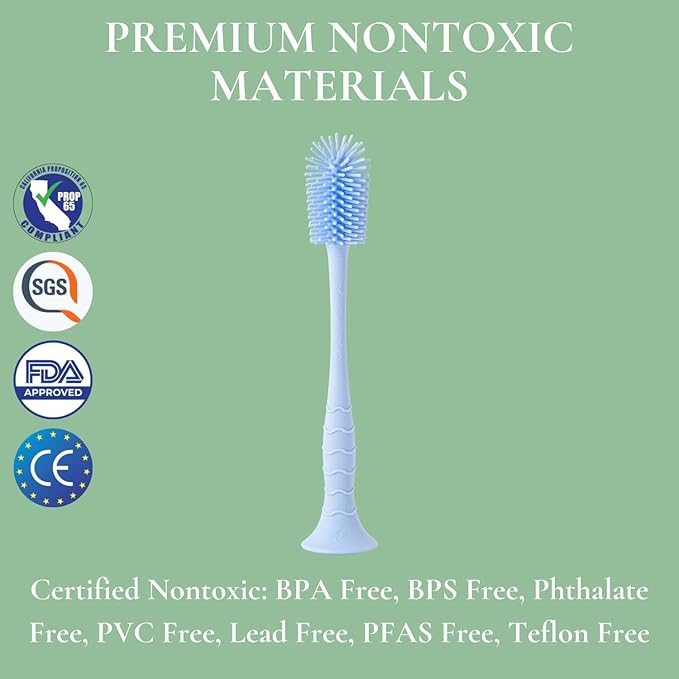 Nontoxic Silicone Bottle Brush - Premium Medical Grade - BPA & PFAS Free - Suction Cup Base - Easy to Clean and Dishwasher Safe - Tallest Design for Any Bottle - (10.25 in) - Green